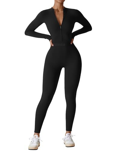 YEOREO Women Long Sleeve Workout Jumpsuit Zip Up Romper Bottom Pants Bodysuit Bodycon Sexy One Piece Royal Blue XL