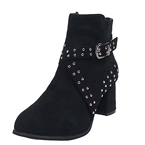 oiangi Womens Winter Boots Chunky Heel 2022 Fashion Round Toe Suede Studded Cross Belt Buckle Side Zipper Block High Heel Boots Solid Casual Ladies Shoes