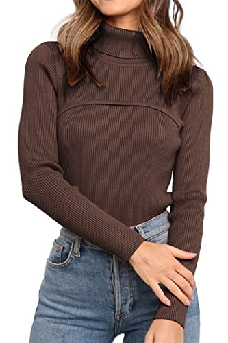 PRETTYGARDEN Women's Fall Fashion Turtleneck Pullover Sweaters Casual Long Sleeve Cable Knit Fitted Jumper Tops (Coffee,Medium)