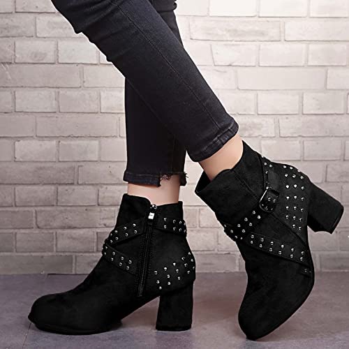 oiangi Womens Winter Boots Chunky Heel 2022 Fashion Round Toe Suede Studded Cross Belt Buckle Side Zipper Block High Heel Boots Solid Casual Ladies Shoes