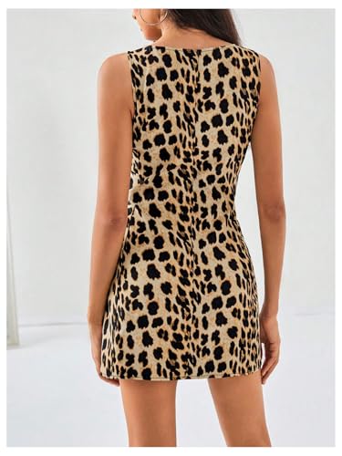MakeMeChic Women's Leopard Print Mini Dress Round Neck Sleeveless Y2K Tank Dresses Khaki Small