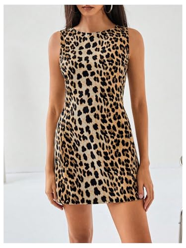 MakeMeChic Women's Leopard Print Mini Dress Round Neck Sleeveless Y2K Tank Dresses Khaki Small