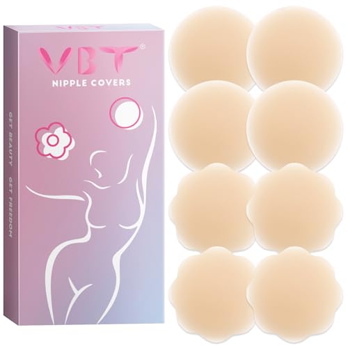 VBT 4 Pairs Pasties Nipple Covers, Sticky Silicone Cakes Nipple Cover for Dress No Show, Reusable Breast Petals for Woman Crème