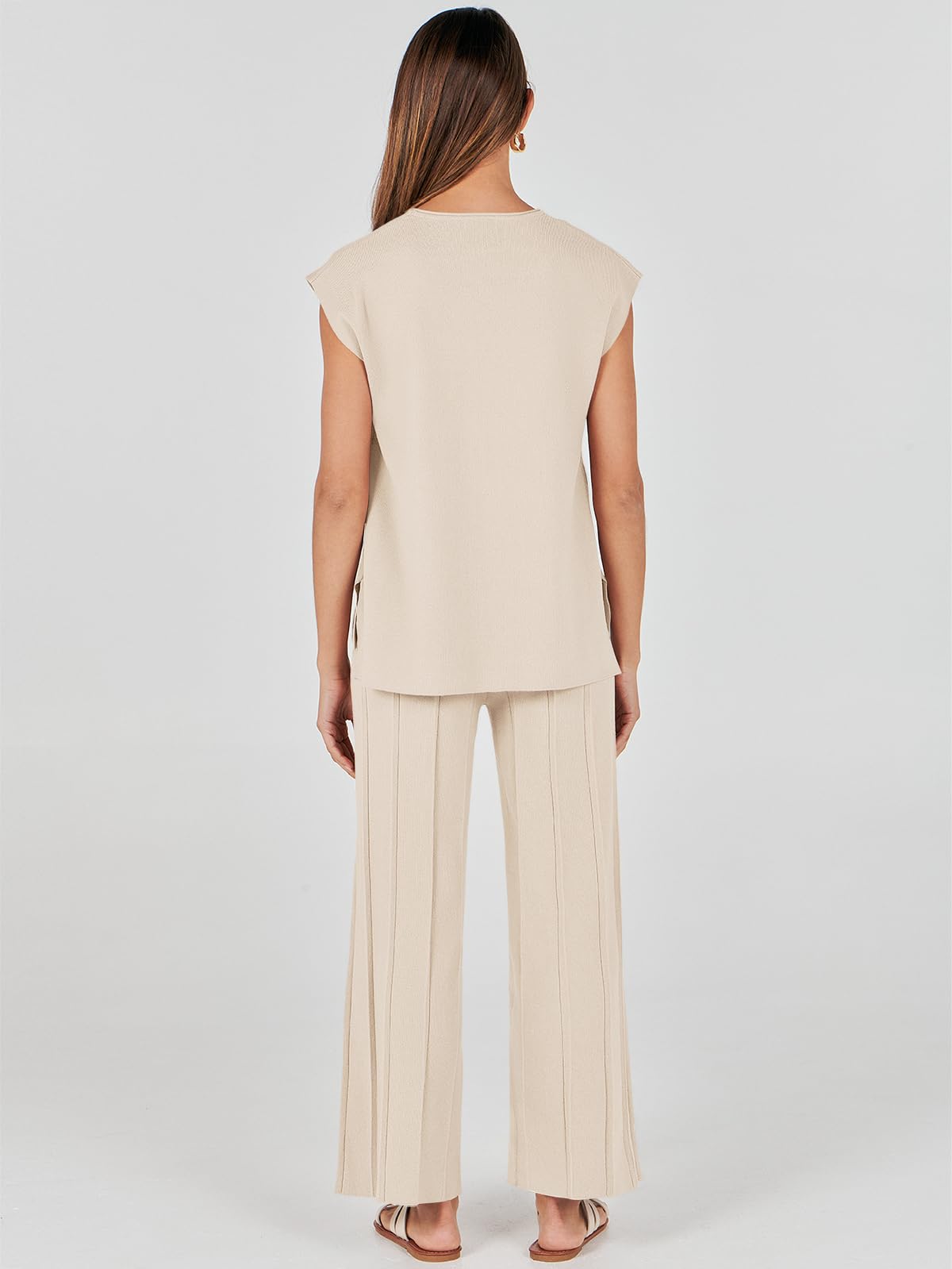 ANRABESS Women 2 Piece Outfits Casual Summer Sleeveless Tops Knit Pants Sweater Lounge Matching Sets 2024 Trendy Clothes Apricot Medium