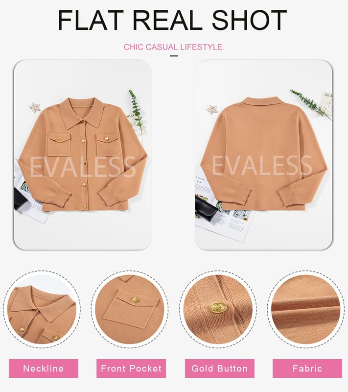 EVALESS Sweaters for Women Button Down Cardigan Fashion 2024 Crop Dressy Casual Outfits Fall Autumn Lightweight Long Sleeve Open Front Cable Knit Beige Cardigans Sweaters for Women Winter Coat, Medium