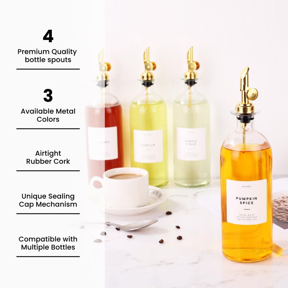 Molimoli Liquor Pour Spout Made of Stainless Steel with Automatic Anti-Oxidation Mechanism, Bottle Pourers for Alcohol, Olive Oil Dispenser Spout, Wine Pourer Spout, Oil Bottle Spout, Pack of 4, Gold