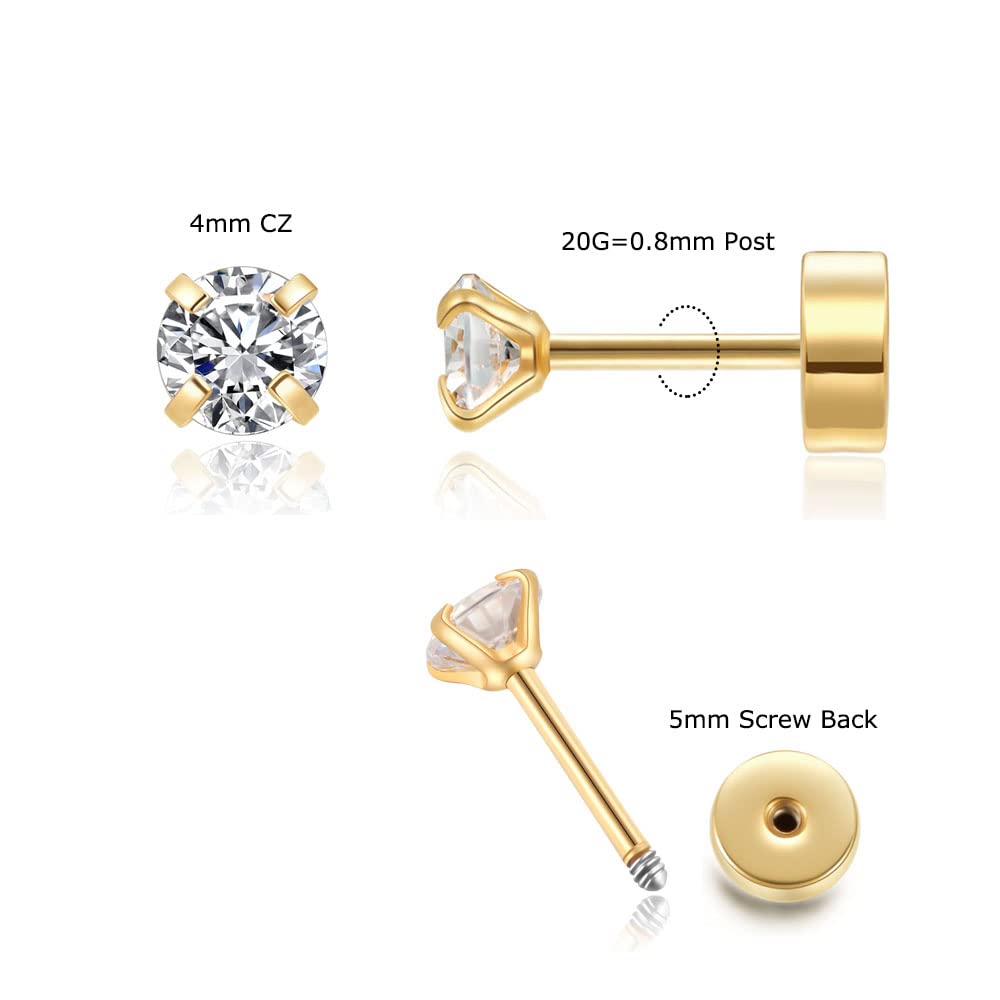 4mm CZ Flat Screw Back Stud Earrings,14K Gold Small Cubic Zirconia Earrings for Helix Cartilage Tragus Earlobe Piercing Jewelry Gift for Women(4mm CZ, Gold)