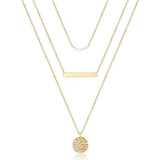 Turandoss Dainty Layering Pearls Necklace Bar Necklace Hammered Disc Pendant Necklace Simple Layering Necklace Gold Plated Choker for Women