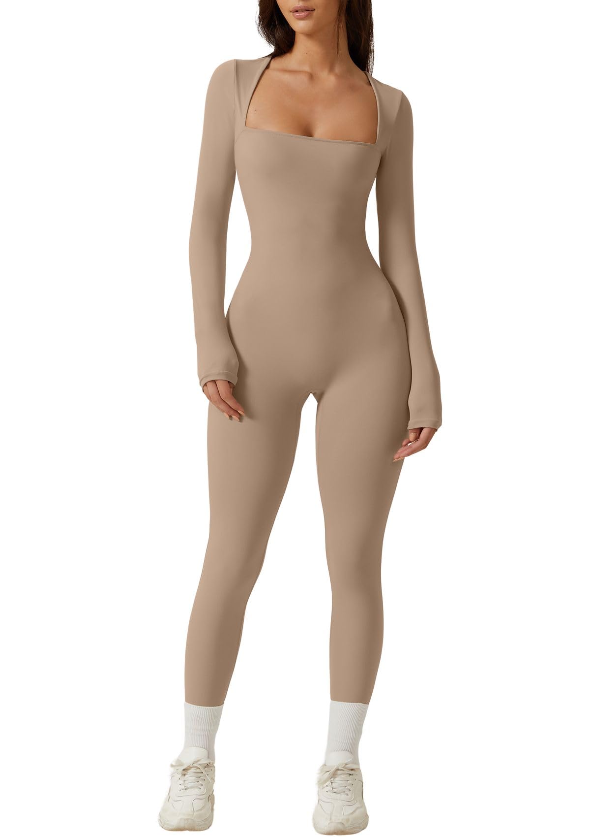 QINSEN Womens Square Neck Bodycon Jumpsuit Rompers for Party Club Night Out Cococa Cream M