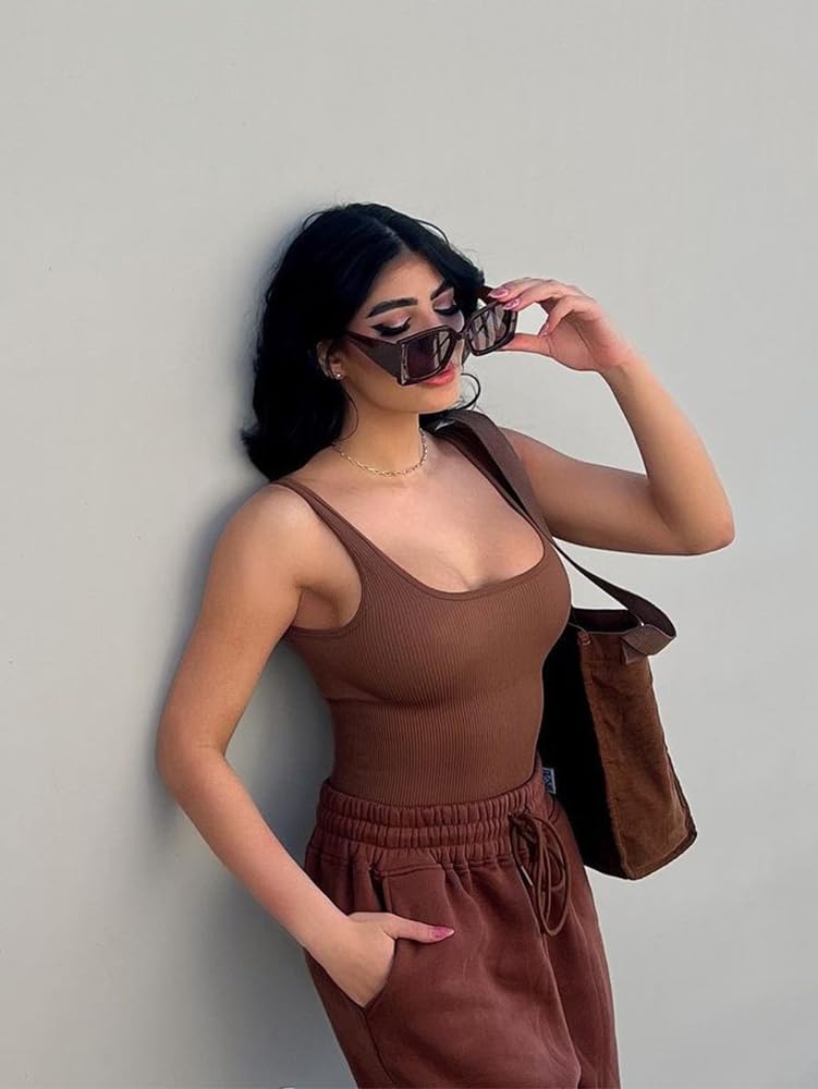 eoeoo Womens 3 Piece Bodysuits Sexy Sleeveless Square Neck Ribbed Bodysuit Tank Tops Black Coffee Beige Medium