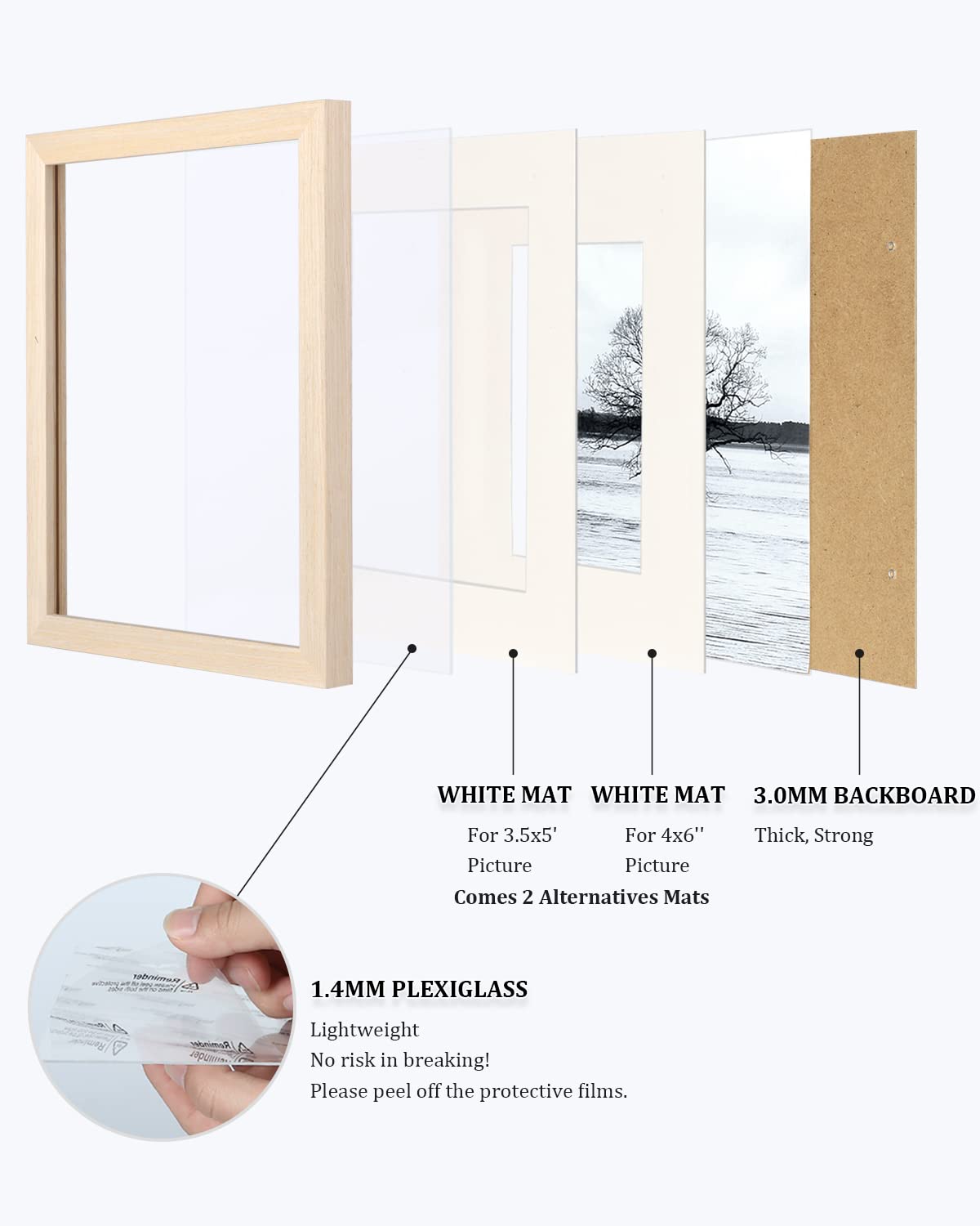Egofine 8x10 Picture Frames Made of Solid Wood with Plexiglass, Display Pictures 4x6/5x7 with Mat or 8x10 Without Mat Set of 4 for Tabletop and Wall Mounting, Oak Wood