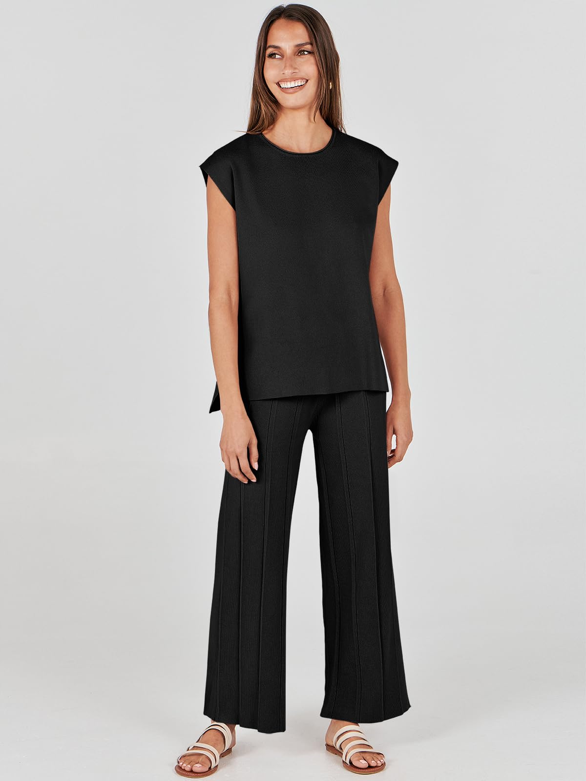 ANRABESS Women 2 Piece Outfits Casual Summer Sleeveless Tops Knit Pants Sweater Lounge Matching Sets 2024 Trendy Clothes Black Medium