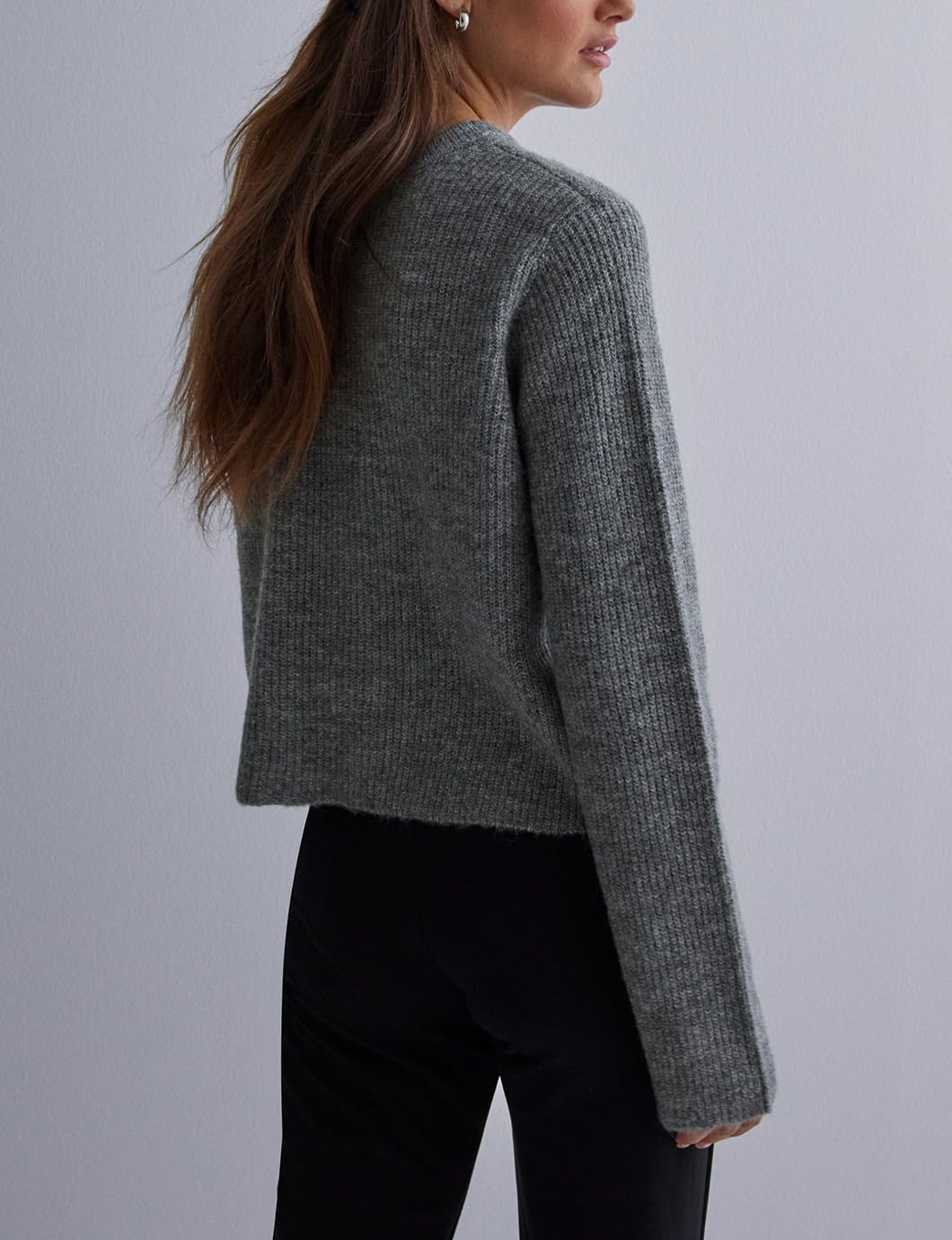 Malajisi Women's Cropped Ribbed Knit Cardigan Long Sleeve Bow Tie Front Open Front Knitwear Tops(Grey,M)