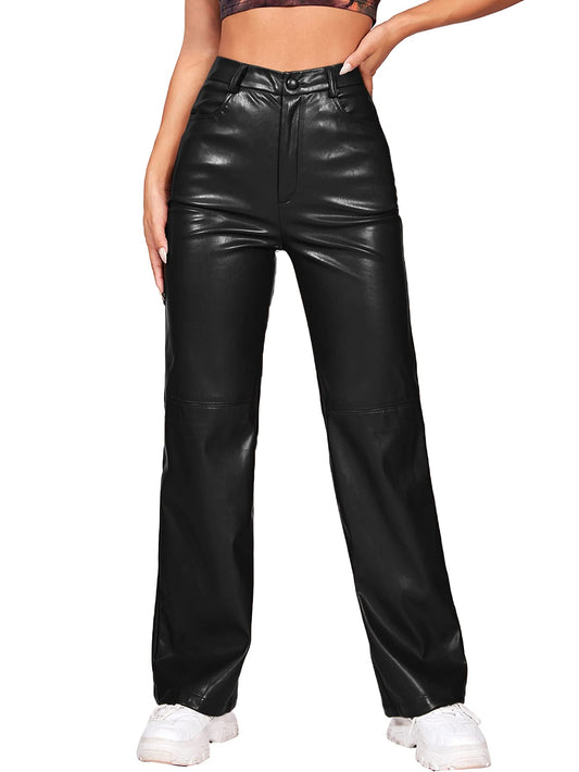 MakeMeChic Women's Faux Leather Pants Straight Wide Leg Leather Pants Black Petite M