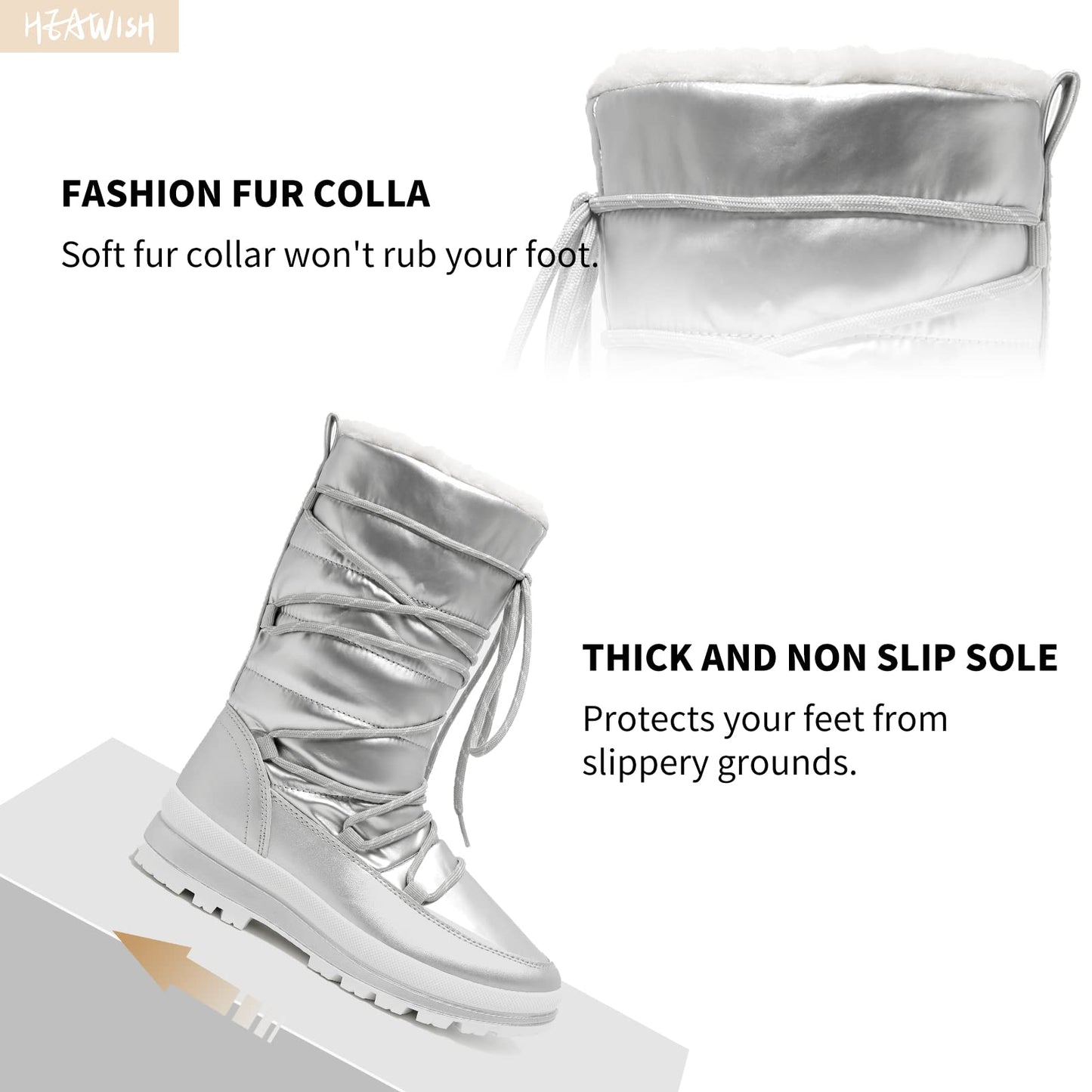HEAWISH Women’s Winter Snow Boot Fur Lined Mid Calf Warm Boots(Silver, US8)