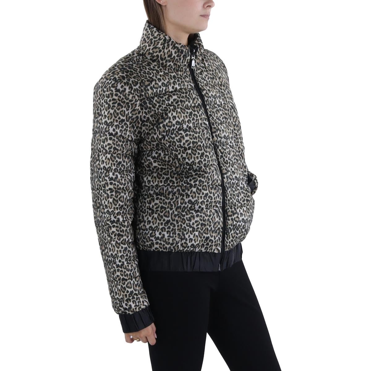 TAHARI Womens Insulated Animal Print Puffer Jacket Brown L
