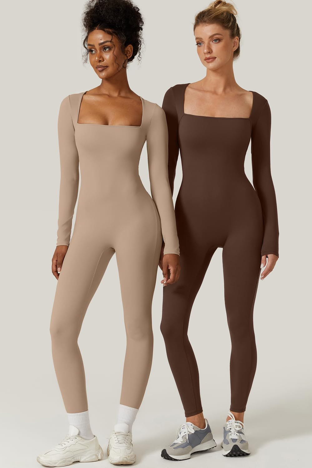 QINSEN Womens Square Neck Bodycon Jumpsuit Rompers for Party Club Night Out Cococa Cream M