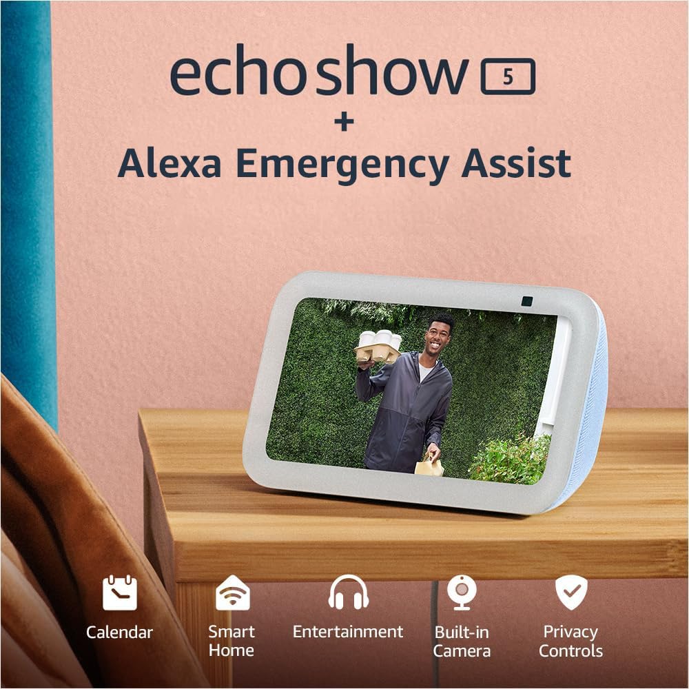 All-new Echo Show 5 (3rd Gen, 2023 release) + Alexa Emergency Yearly (auto-renewal) | Smart display with deeper bass and clearer sound | Glacier White