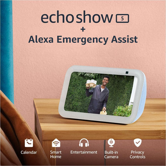 All-new Echo Show 5 (3rd Gen, 2023 release) + Alexa Emergency Yearly (auto-renewal) | Smart display with deeper bass and clearer sound | Glacier White