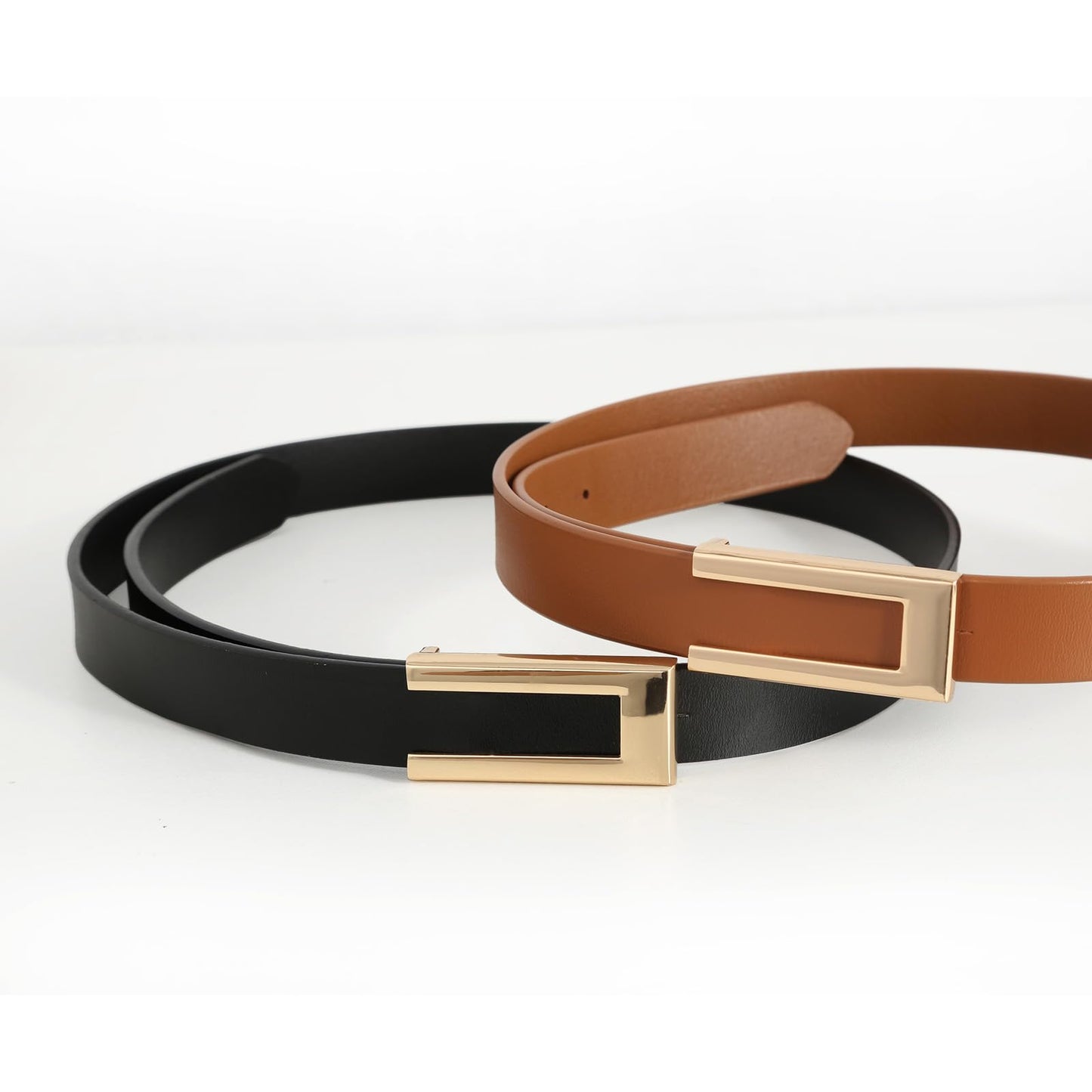 YooAi Womens Leather Belt Skinny Waist Belt for Dresses Jeans Pants with Gold Buckle Black+Brown 95