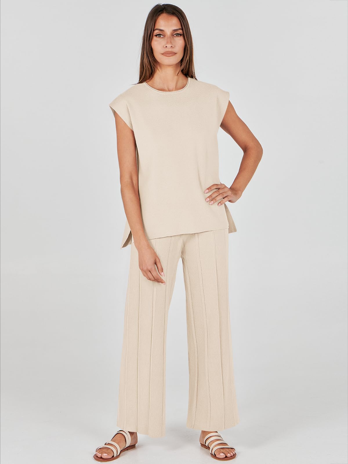 ANRABESS Women 2 Piece Outfits Casual Summer Sleeveless Tops Knit Pants Sweater Lounge Matching Sets 2024 Trendy Clothes Apricot Medium