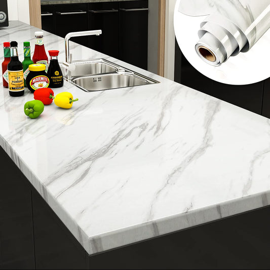 YENHOME 24" X 393" White Marble Contact Paper for Kitchen Counter Top Contact Paper Waterproof Self Adhesive Marble Wallpaper Peel and Stick Countertops for Bathroom Dresser Glossy Marble Vinyl Wrap