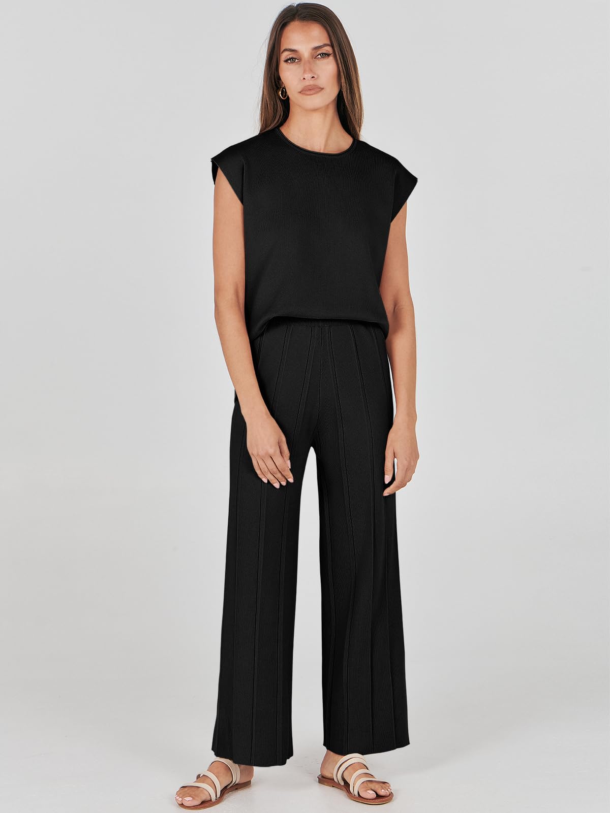 ANRABESS Women 2 Piece Outfits Casual Summer Sleeveless Tops Knit Pants Sweater Lounge Matching Sets 2024 Trendy Clothes Black Medium
