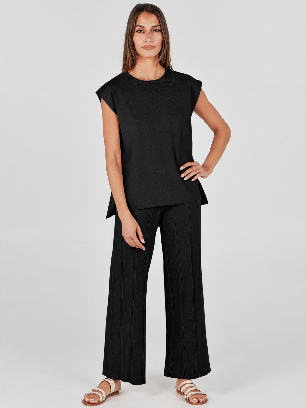 ANRABESS Women 2 Piece Outfits Casual Summer Sleeveless Tops Knit Pants Sweater Lounge Matching Sets 2024 Trendy Clothes Black Medium