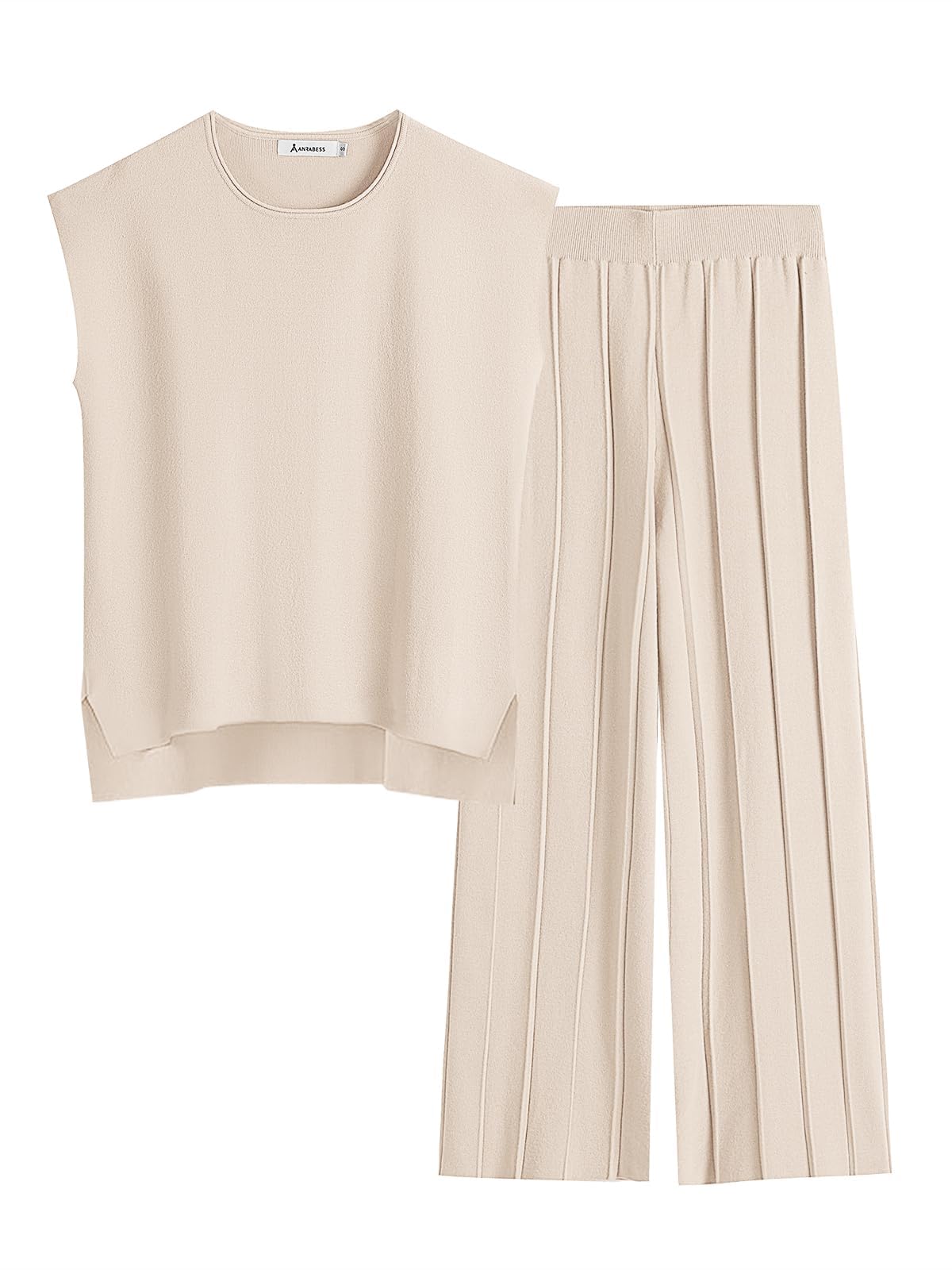 ANRABESS Women 2 Piece Outfits Casual Summer Sleeveless Tops Knit Pants Sweater Lounge Matching Sets 2024 Trendy Clothes Apricot Medium