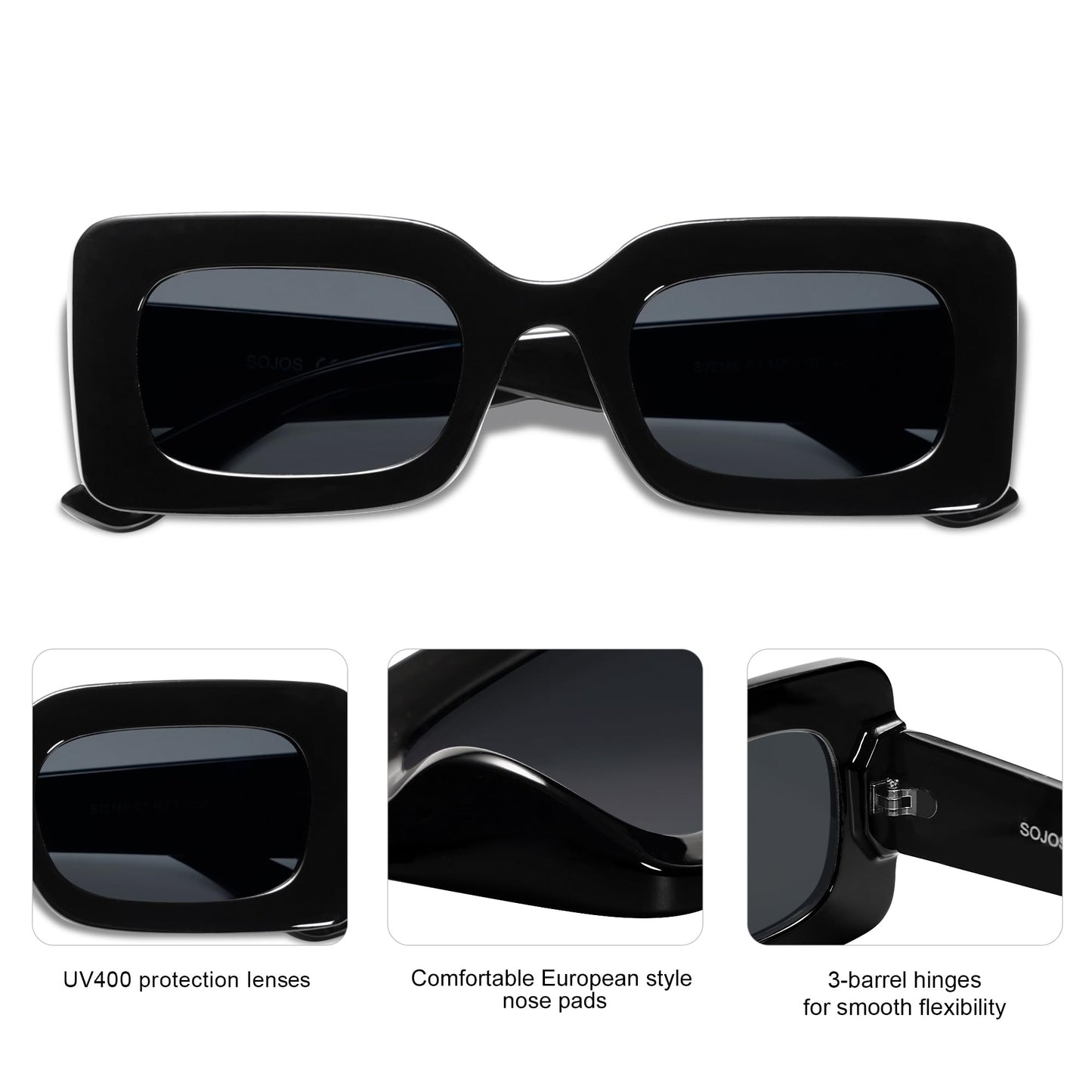 SOJOS Retro 90s Nude Rectangle Sunglasses Womens Mens Trendy Chunky Glasses Black Frame Grey Lens