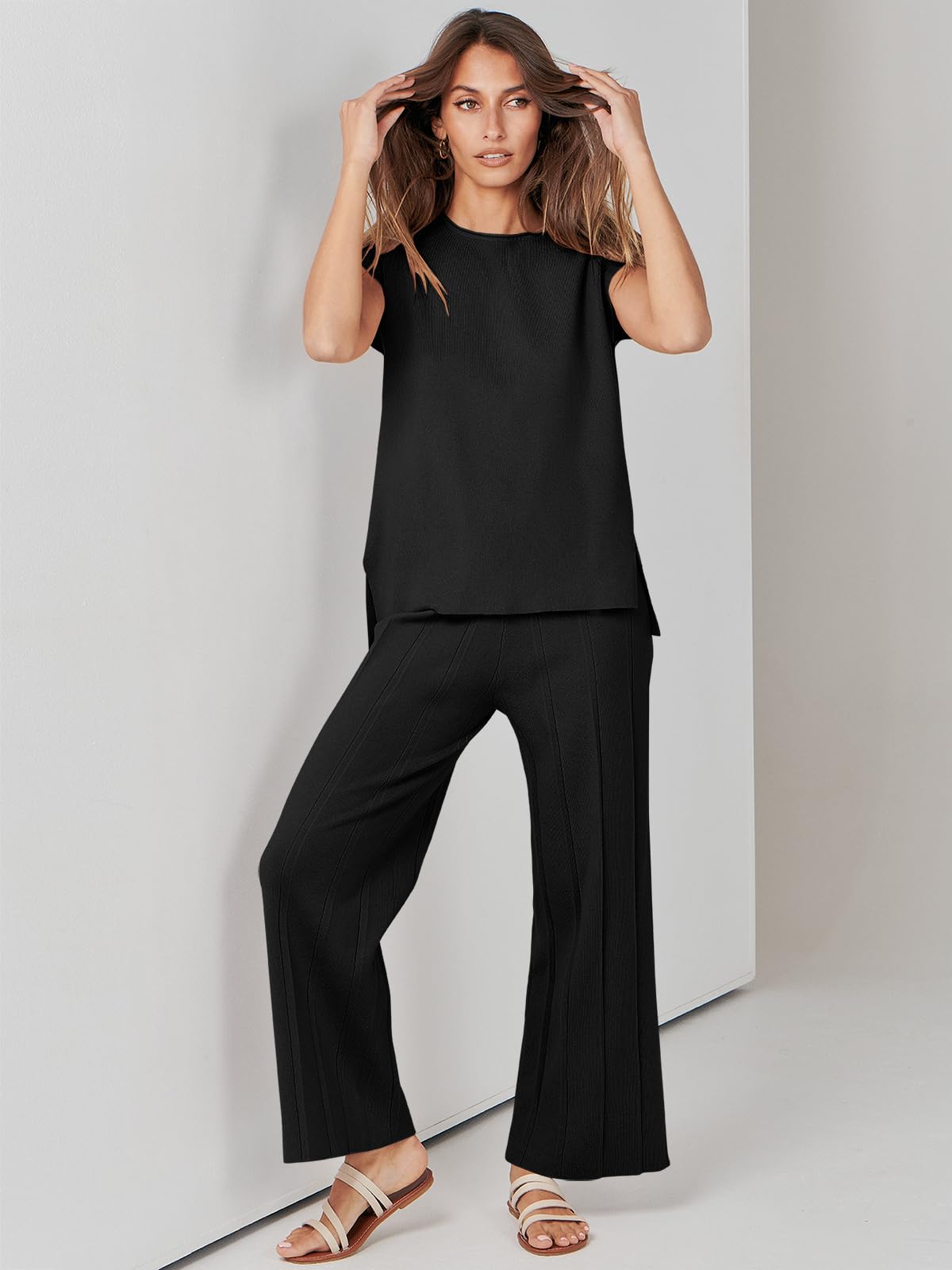ANRABESS Women 2 Piece Outfits Casual Summer Sleeveless Tops Knit Pants Sweater Lounge Matching Sets 2024 Trendy Clothes Black Medium