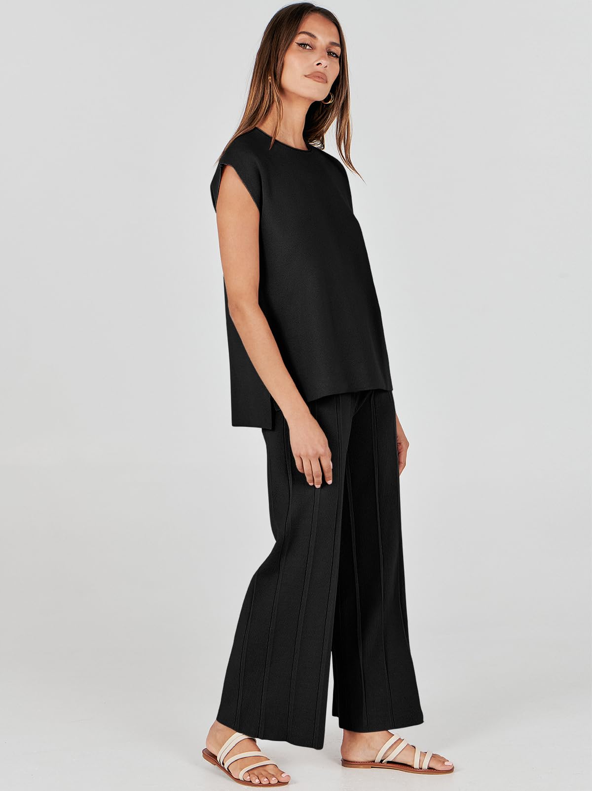 ANRABESS Women 2 Piece Outfits Casual Summer Sleeveless Tops Knit Pants Sweater Lounge Matching Sets 2024 Trendy Clothes Black Medium