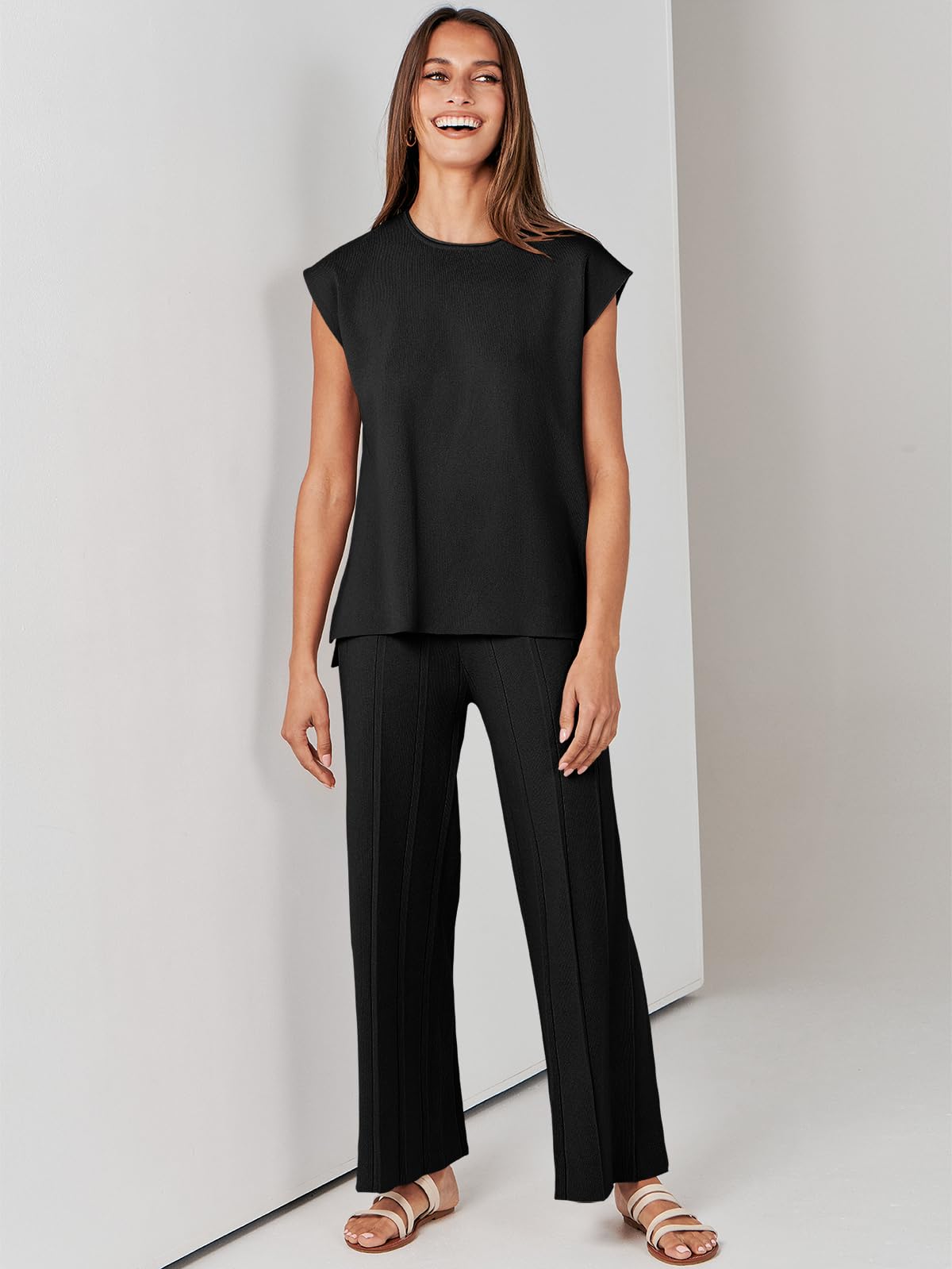 ANRABESS Women 2 Piece Outfits Casual Summer Sleeveless Tops Knit Pants Sweater Lounge Matching Sets 2024 Trendy Clothes Black Medium