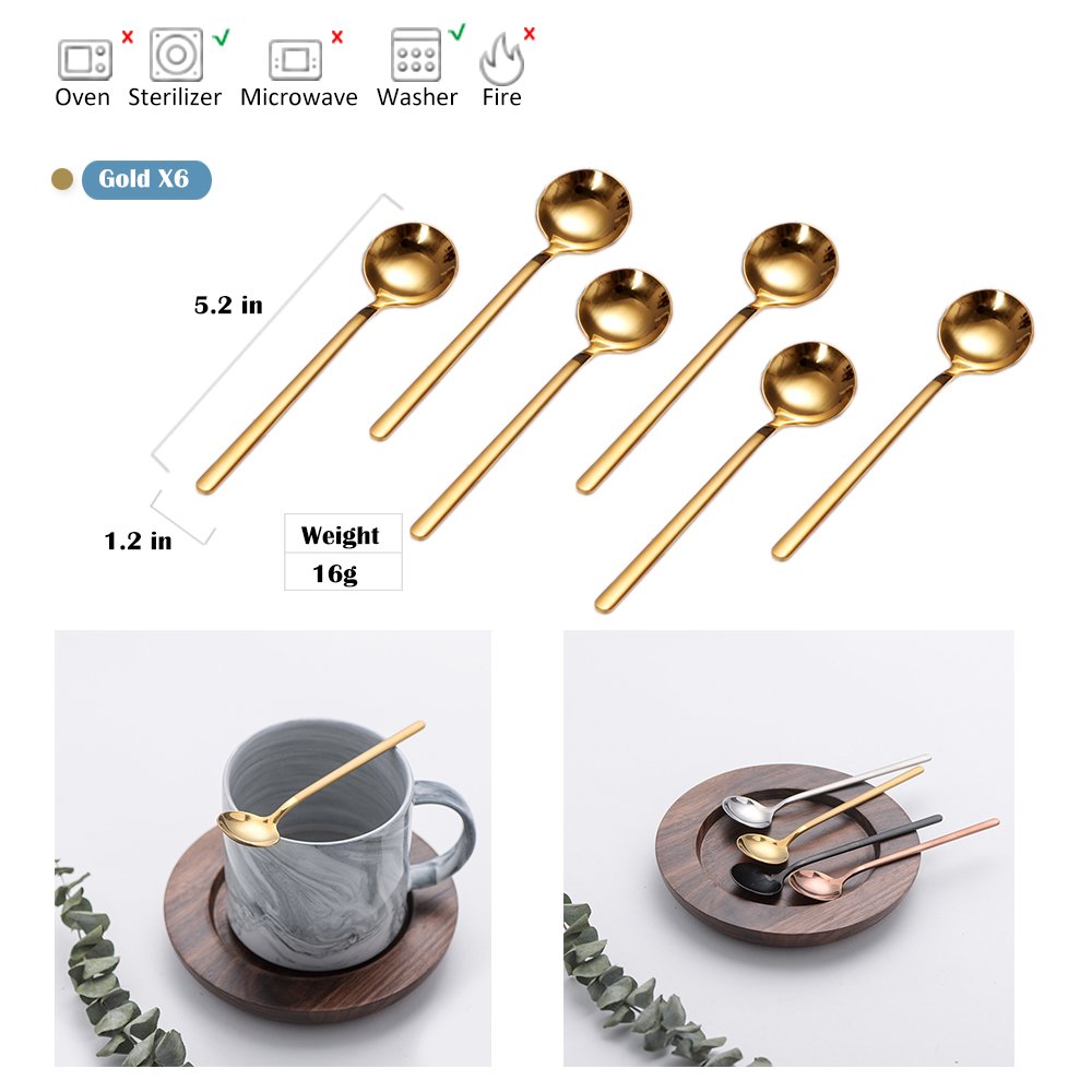6 PCS Gold Coffee Spoons, 18/8 Stainless Steel Gold Espresso Spoons, 5.2 Inches Vogue Mini Tea Spoons, Cappuccino Stirring Spoons, Small Spoons for Dessert, Ice Cream, Frosted Handle, Sweejar (Gold)