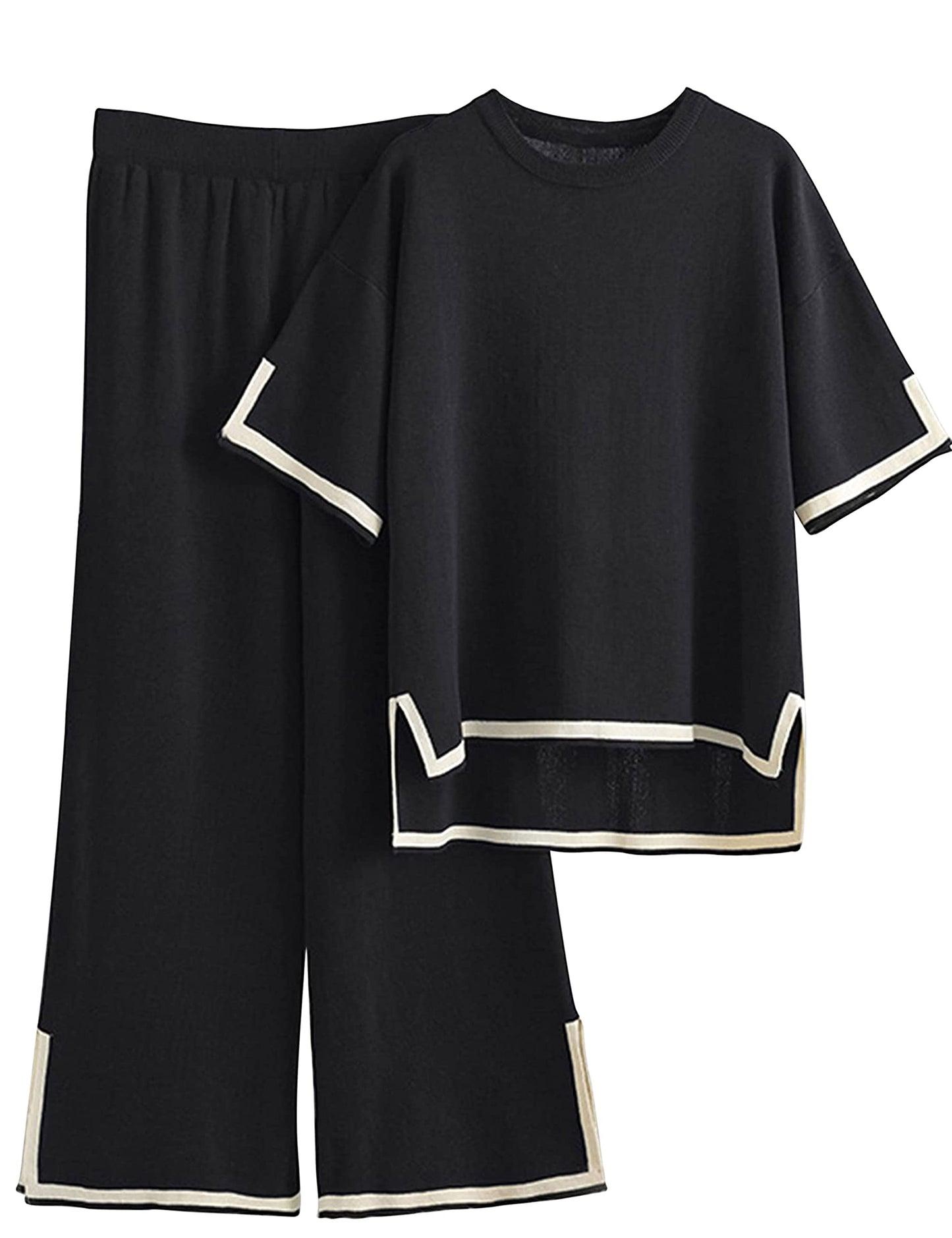 Tanming Sweater Sets Women 2 Piece Lounge Sets Short Sleeve Knit Pullover Tops Wide Leg Pants (Black-M)