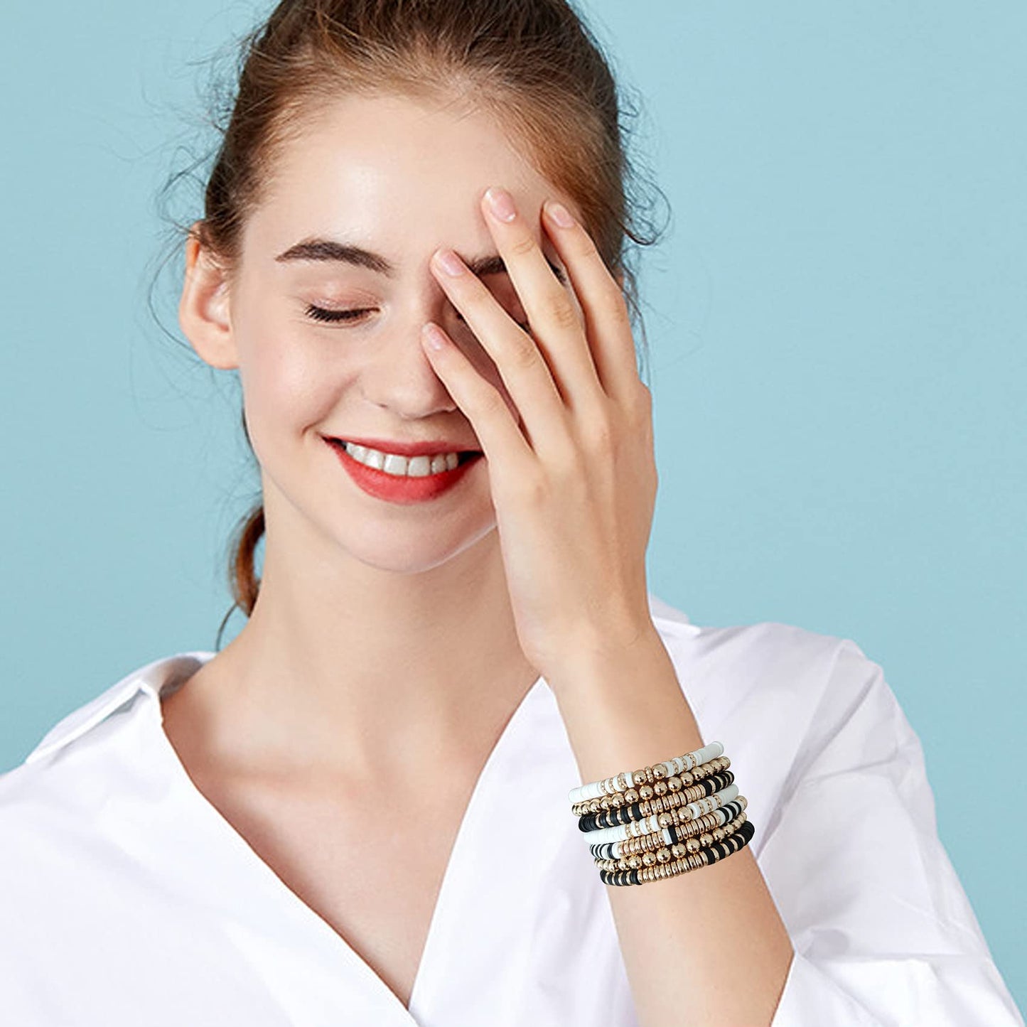 GOOJIDS Surfer Heishi Clay Bead Bracelets for Women Bohemian Stackable Gold Beaded Stretch Bracelets Elastic Layering Friendship Bracelets Boho Jewelry Gifts