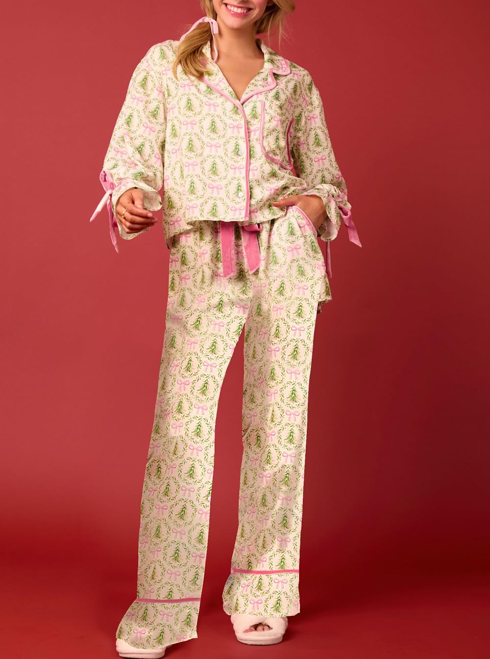 Leyajedol Women Silk Christmas Pajamas 2 Piece Satin Ribbon Tie Front Pjs Xmas Graphic Long Sleeve Shirt Pants Set Sleepwear