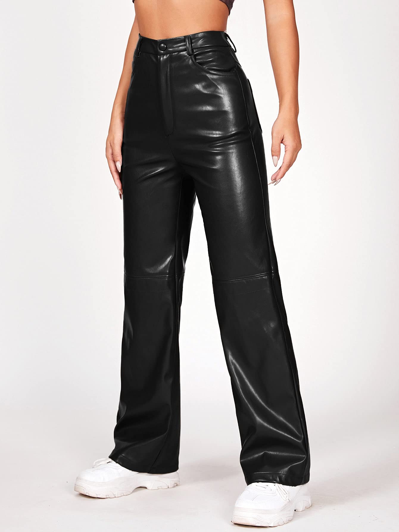 MakeMeChic Women's Faux Leather Pants Straight Wide Leg Leather Pants Black Petite M