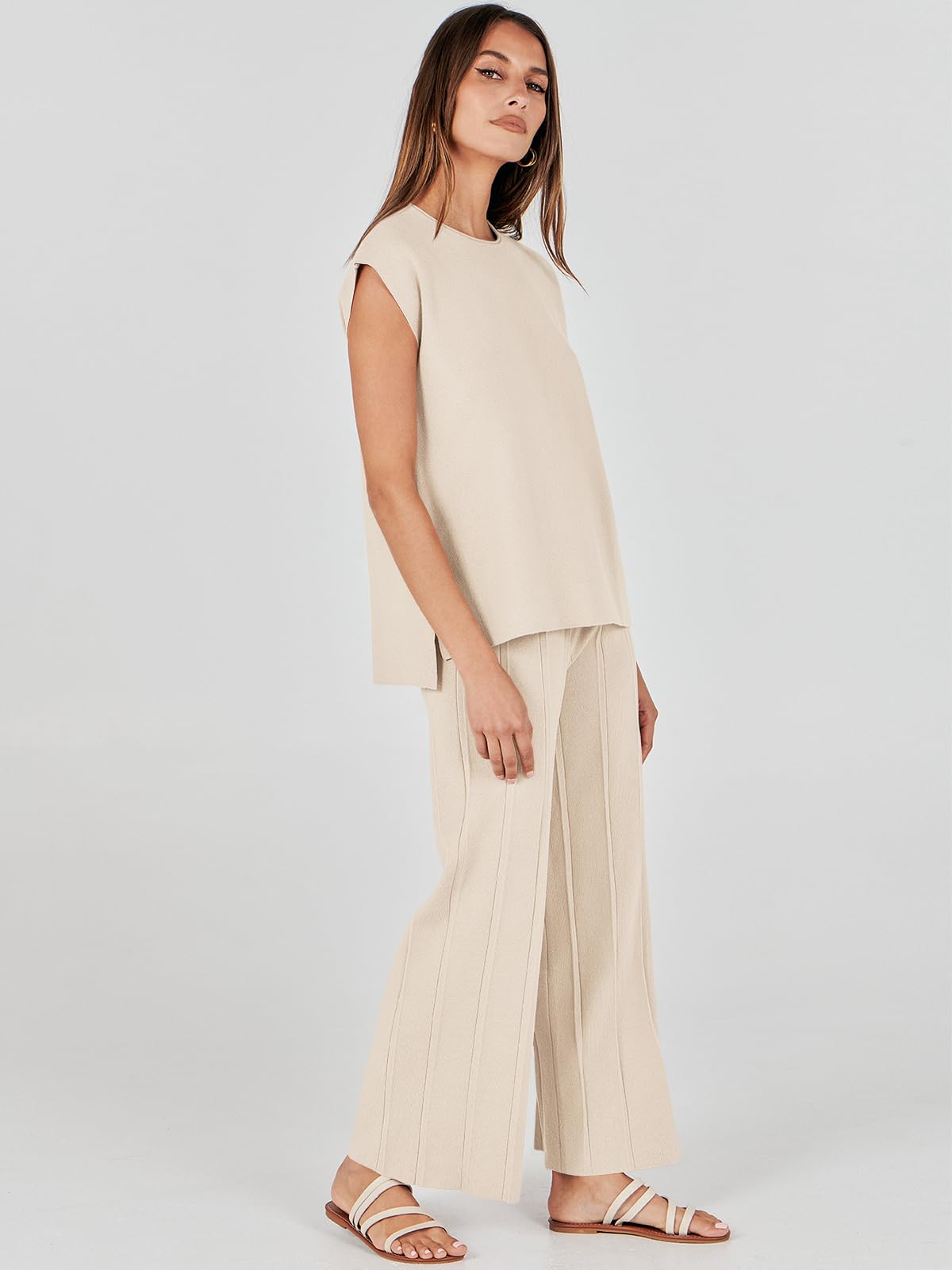 ANRABESS Women 2 Piece Outfits Casual Summer Sleeveless Tops Knit Pants Sweater Lounge Matching Sets 2024 Trendy Clothes Apricot Medium