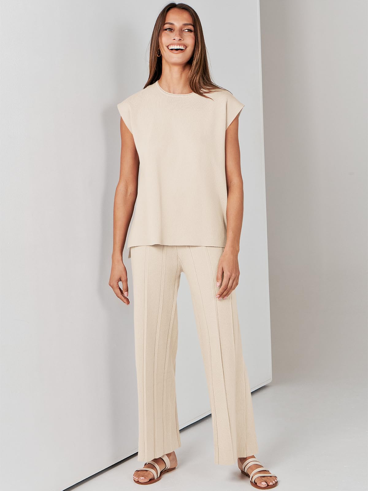 ANRABESS Women 2 Piece Outfits Casual Summer Sleeveless Tops Knit Pants Sweater Lounge Matching Sets 2024 Trendy Clothes Apricot Medium