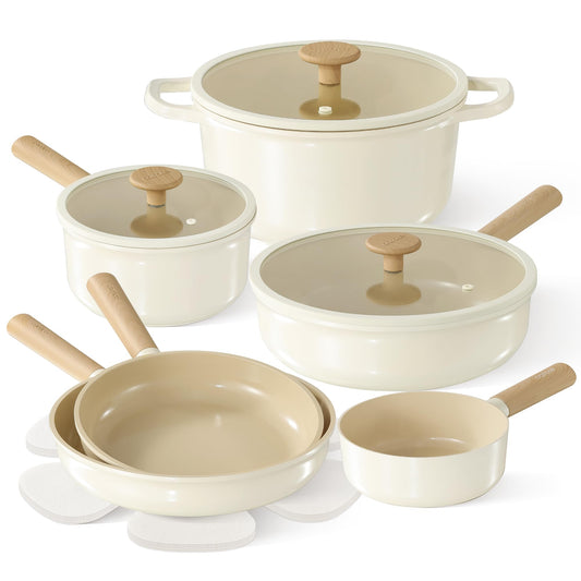 CAROTE Ceramic Pots and Pans Set, 14pcs Cookware Set, Non-toxic Healthy Non Stick Cooking Set, with Frying Pans Set