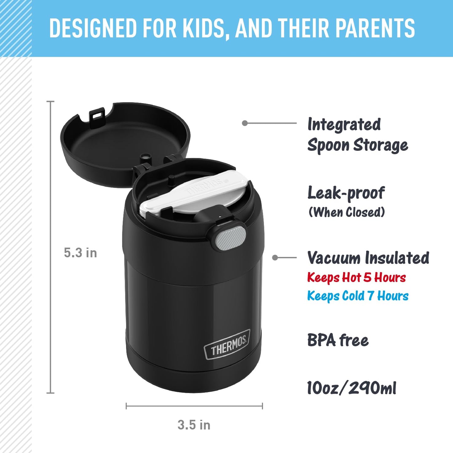 THERMOS FUNTAINER Insulated Food Jar – 10 Ounce, Black – Kid Friendly Food Jar with Foldable Spoon