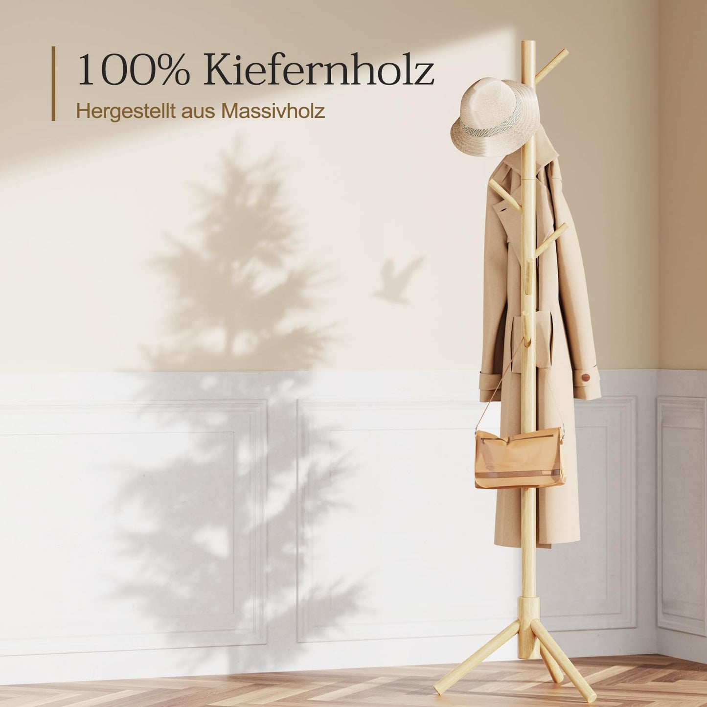 Pipishell Coat Rack Sturdy Wooden Coat Rack Stand, Adjustable Coat Tree, Free Standing Tree Hanger with 4 Sections & 8 Hooks, for Home/Bedroom/Office/Hallway/Entryway