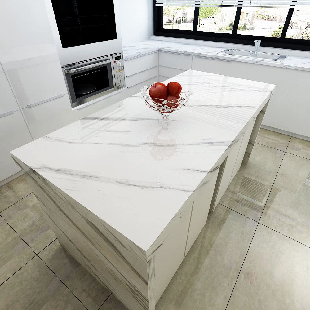 YENHOME 24" X 393" White Marble Contact Paper for Kitchen Counter Top Contact Paper Waterproof Self Adhesive Marble Wallpaper Peel and Stick Countertops for Bathroom Dresser Glossy Marble Vinyl Wrap