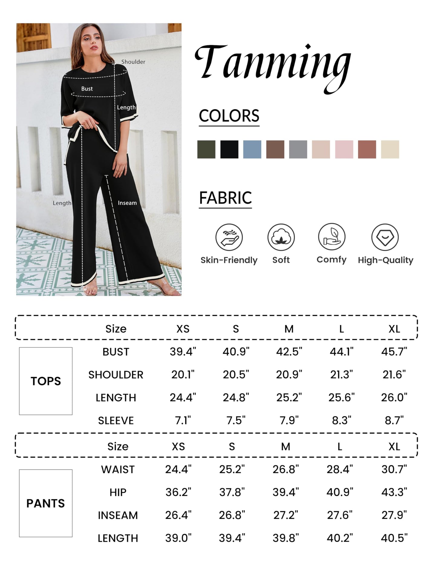 Tanming Sweater Sets Women 2 Piece Lounge Sets Short Sleeve Knit Pullover Tops Wide Leg Pants (Black-M)