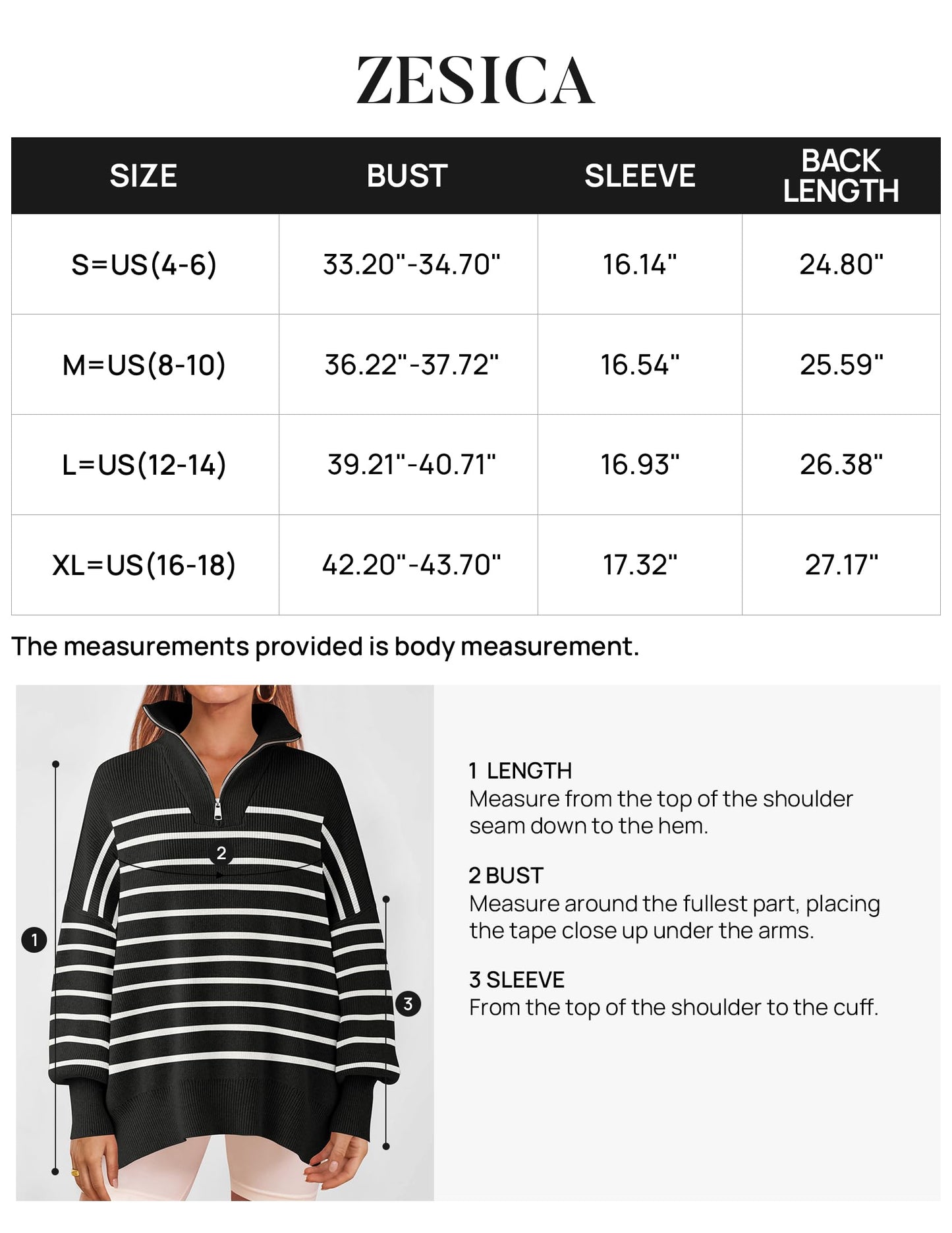 ZESICA Women's Striped Sweaters Half Zipper Long Sleeve Ribbed Knit Loose Oversized Pullover Sweater Tops,Black,Medium