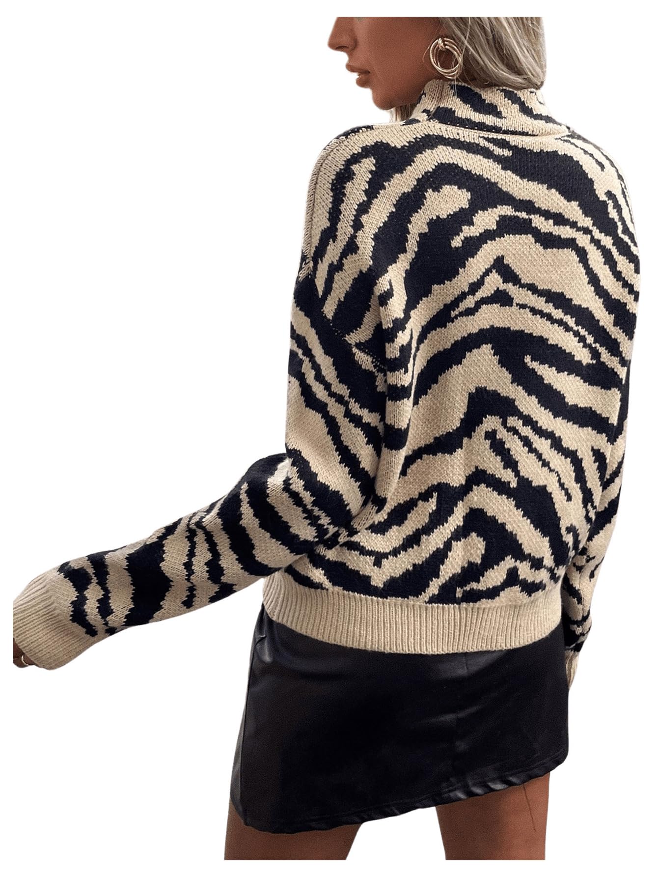 GORGLITTER Women's Zebra Striped Sweaters Long Sleeve Mock Neck Knitted Pullover Tops Multicolor Medium