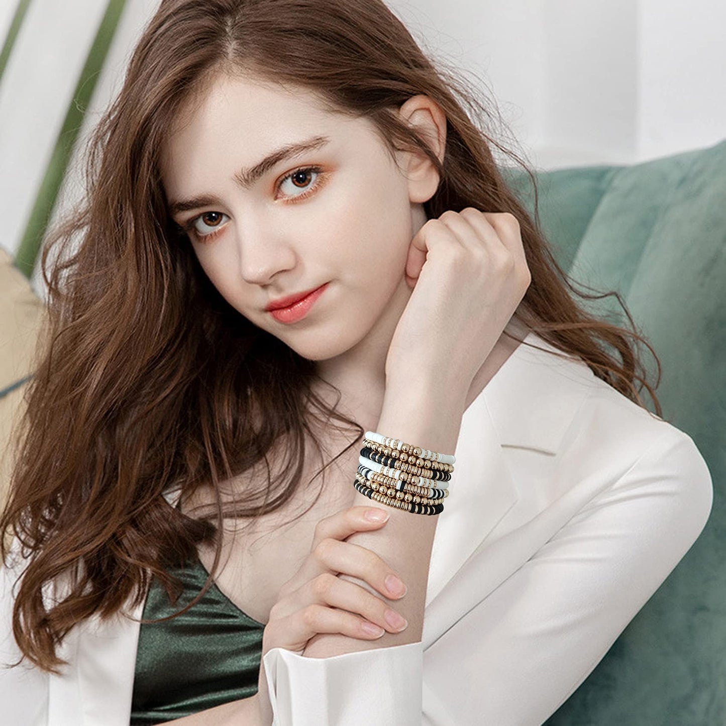 GOOJIDS Surfer Heishi Clay Bead Bracelets for Women Bohemian Stackable Gold Beaded Stretch Bracelets Elastic Layering Friendship Bracelets Boho Jewelry Gifts