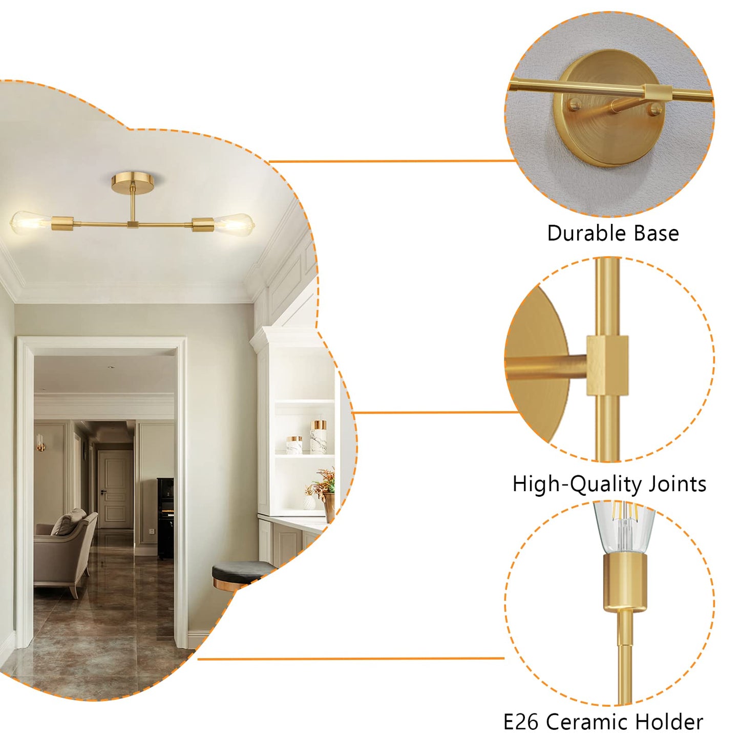 FadimiKoo 2-Light Gold Sconces Wall Light Fixtures, Bathroom Vanity Light Fixtures Over Mirror, Modern Brushed Brass Indoor Semi Flush Mount Lighting for Hallway Bedroom Kitchen (1 Pack)