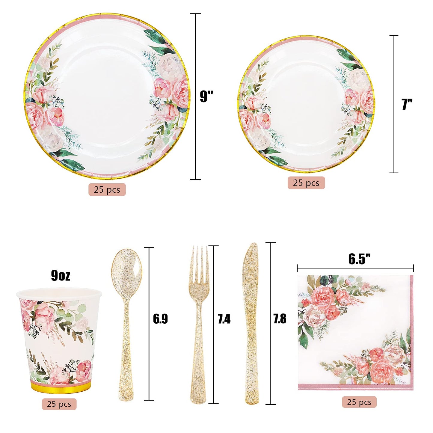 Floral Party Supplies bridal shower paper plates and Napkins Sets for 24 Guest-Floral Party Disposable Paper Dinner Plates,Cups,Knives, Spoons, Forks, for Baby Shower Birthday Bridal Shower Tea Party
